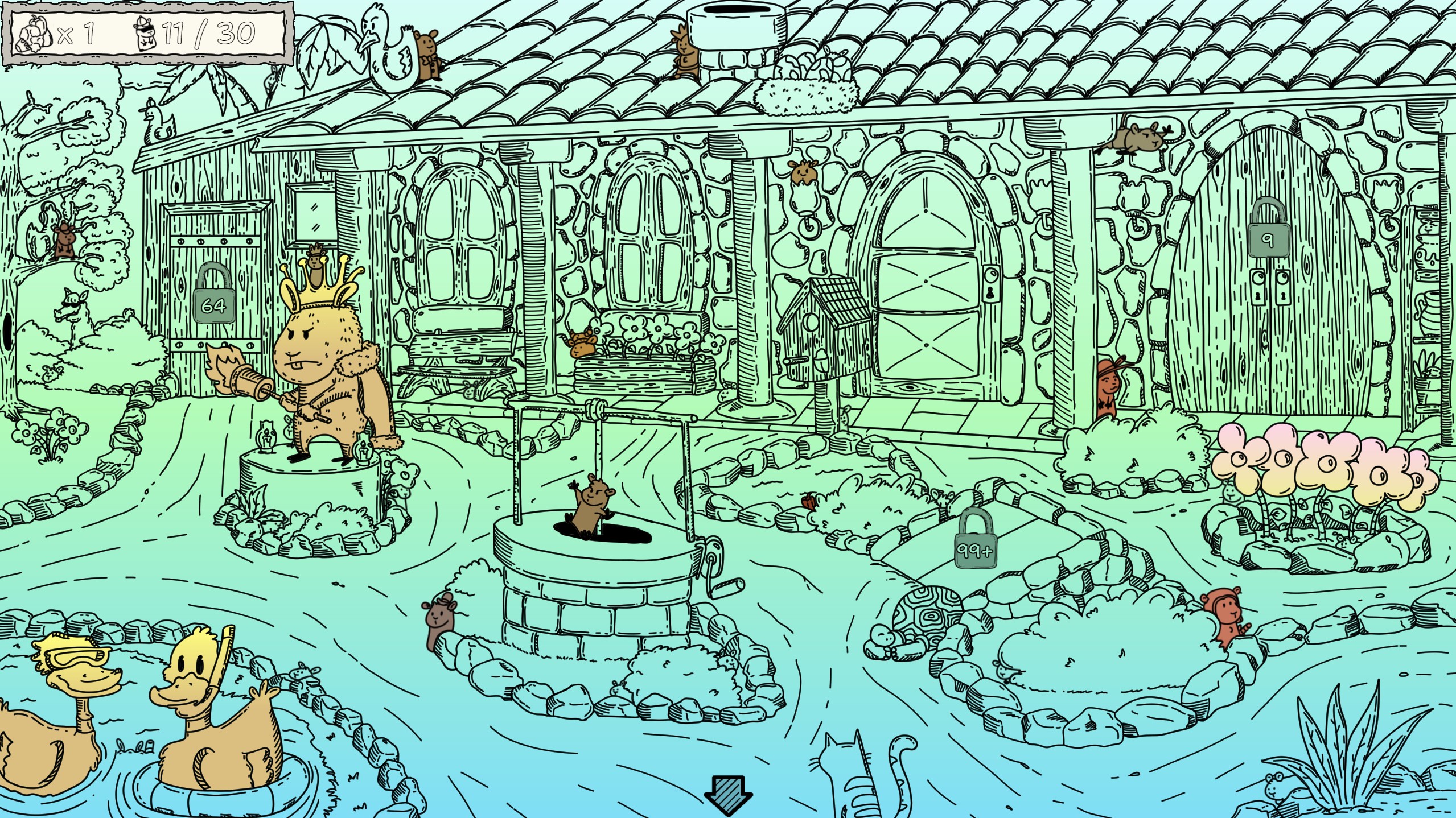 Hand-drawn Casa de Cuy garden scene filled with hidden details